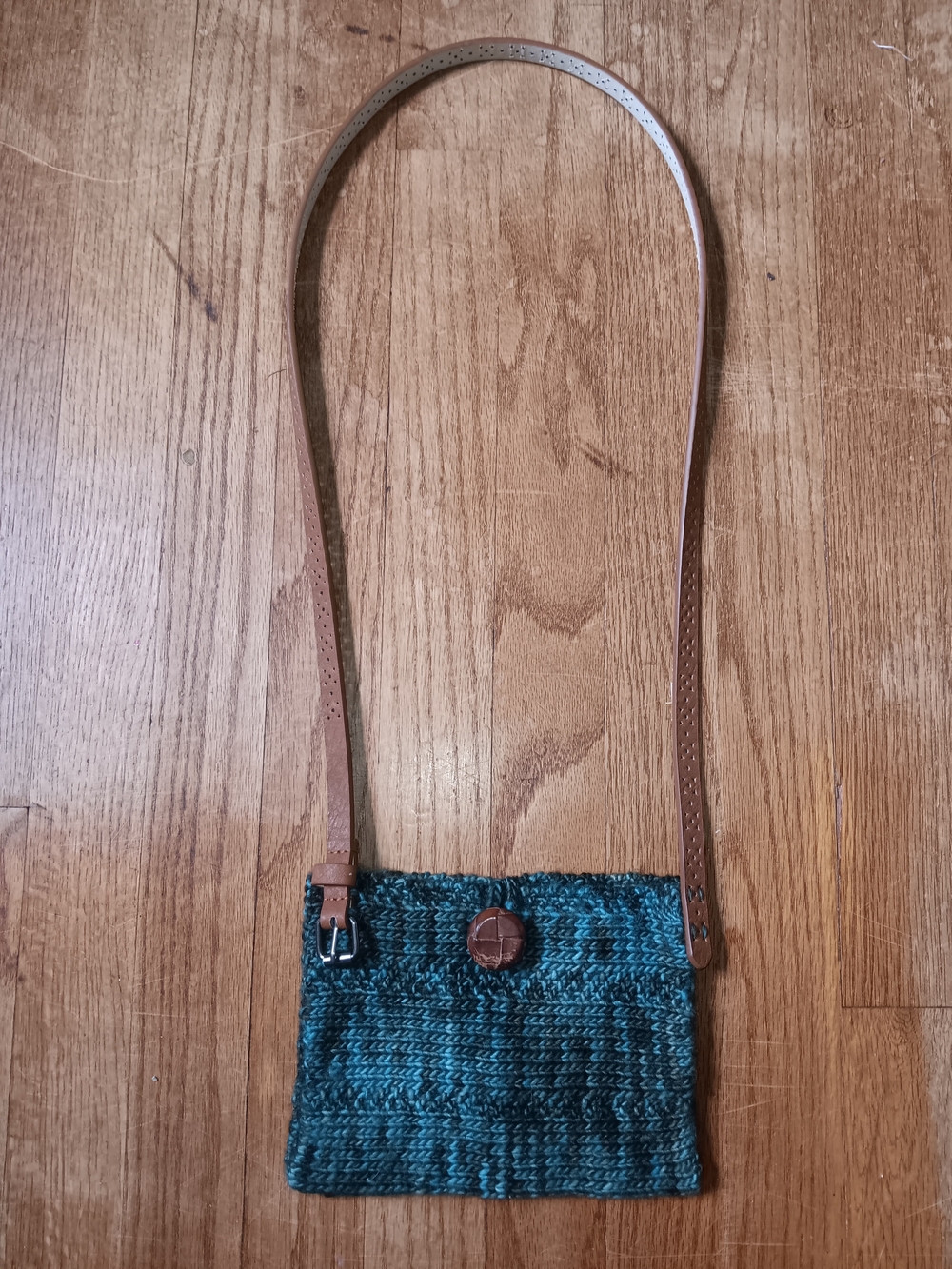 Handmade Hand Knit Teal Wool Blend Cell Phone Crossbody Shoulder Bag